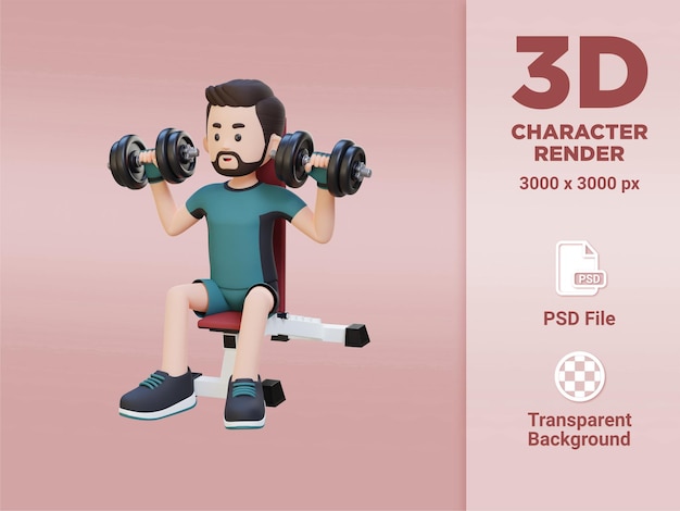 ダンベル ショルダー ベンチ プレスで強い肩を彫刻する 3 D スポーツマン キャラクター