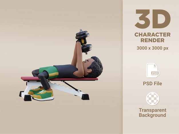 PSD 3d sportsman character strengthening back and chest with dumbbell pullover exercise