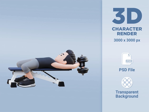 PSD 3d sportsman character versterking van rug en borst met dumbbell pullover oefening
