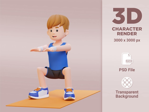 3d sporty male character mastering squats in home gym