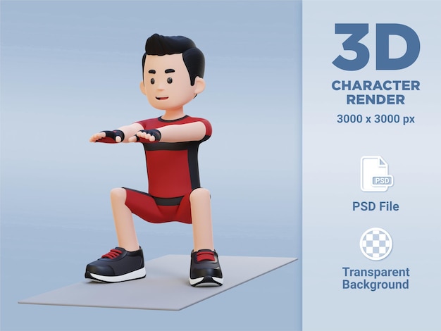 홈 체육관에서 3D 스포티 남성 캐릭터 마스터링 스쿼트