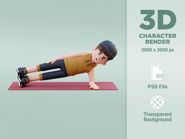 3d sporty male character nailing the side plank exercise at home gym