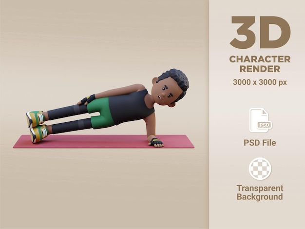3d sporty male character nailing the side plank exercise at home gym