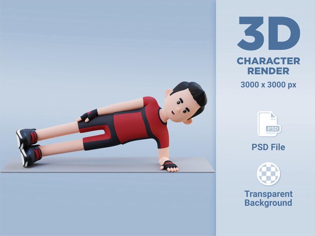 PSD personaggio maschile sportivo 3d che inchioda l'esercizio della plancia laterale in palestra domestica