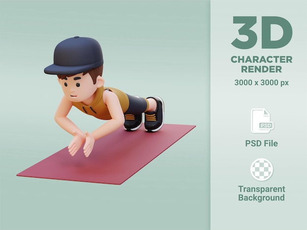 PSD 3d sporty male character performing clap push up exercise at home gym