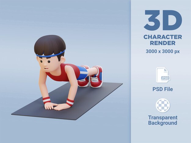 PSD 3d sporty male character performing close grip push up exercise at home gym