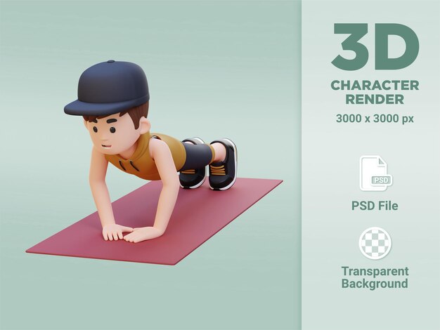 3d sporty male character performing close grip push up exercise at home gym