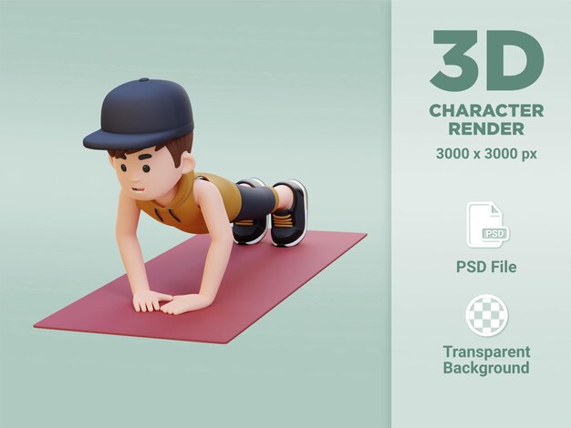 PSD personaggio maschile sportivo 3d che esegue esercizi di push up con presa ravvicinata in palestra domestica