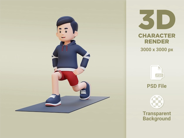 PSD 3d sporty male character performing dynamic lunges at the gym