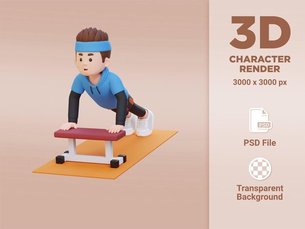 Personaggio maschile sportivo 3d che esegue esercizi di push up in linea in palestra