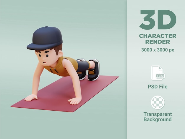 PSD 3d sporty male character performing standard push up exercise at home gym