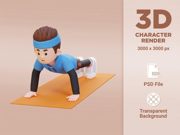 3d sporty male character performing standard push up exercise at home gym