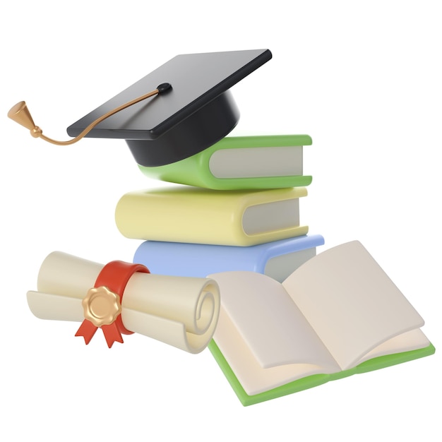 3D Stack of Books Diploma scroll and university or college black cap graduate Icon
