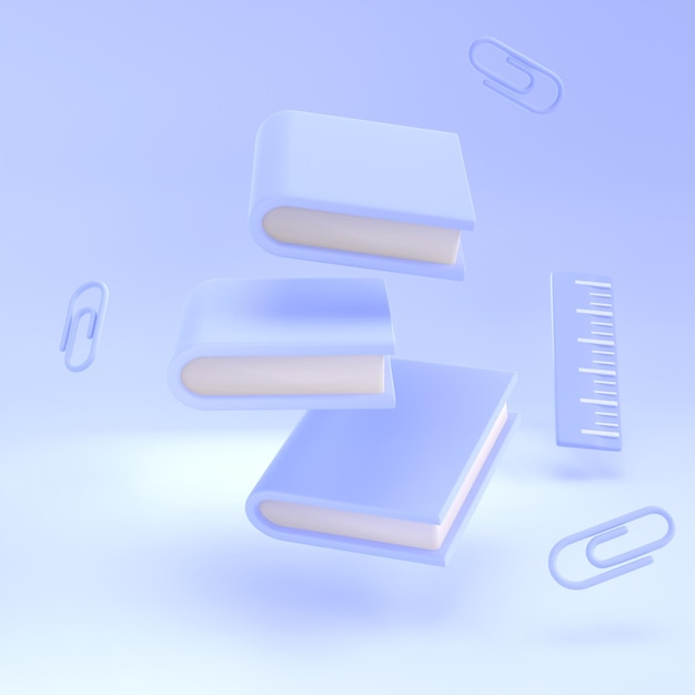 3d stack of closed book and ruler falling down in air render educational literature