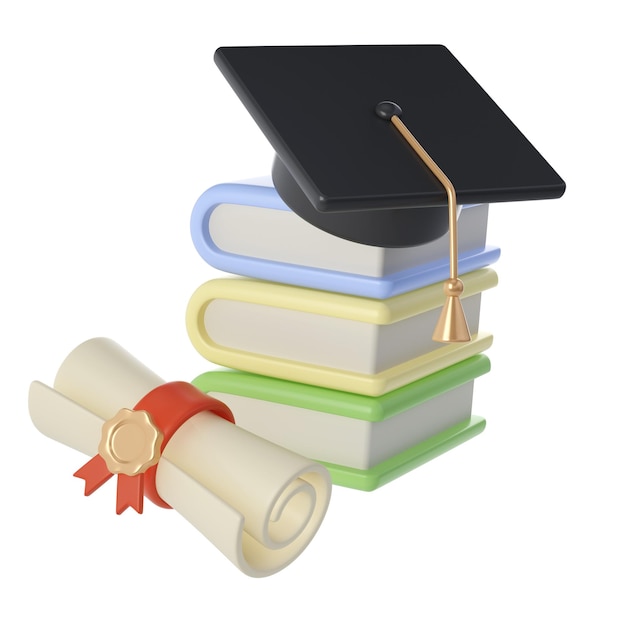 3D Stack of Closed Books Diploma scroll and university or college black cap
