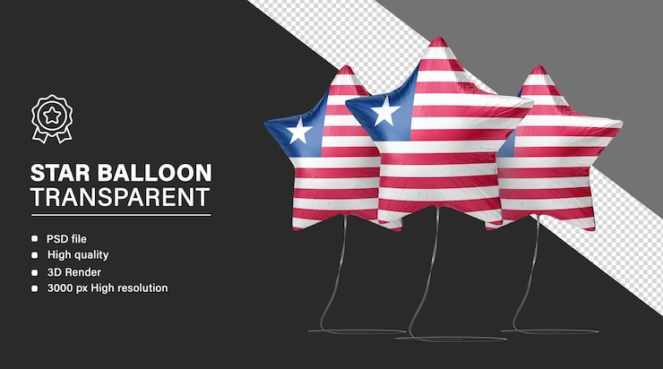 PSD 3d star balloon with liberia flag isolated on transparent background