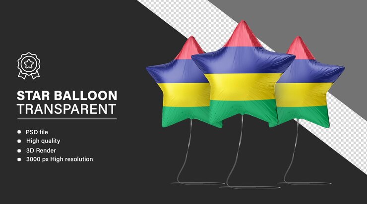 PSD 3d star balloon with mauritius flag isolated on transparent background