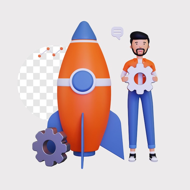 PSD 3d startup wit a rocket and gear