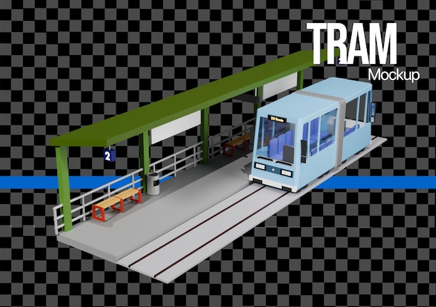 プラットフォームのモックアップで電車や電車の停車場を持つ3Dステーション