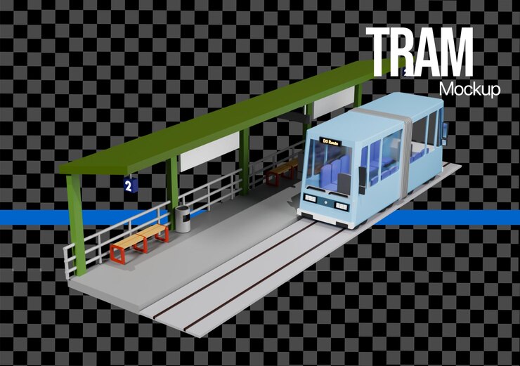 PSD a 3d station with tram or train stop at the platform mockup