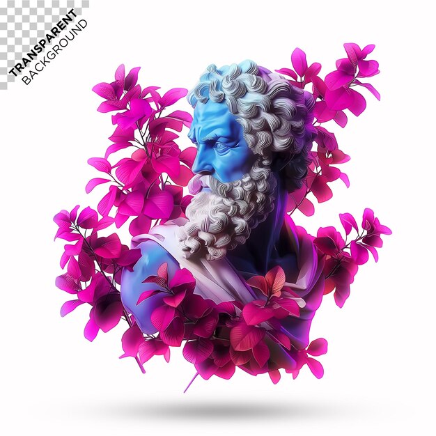 3d statue surrounded by purple flowers