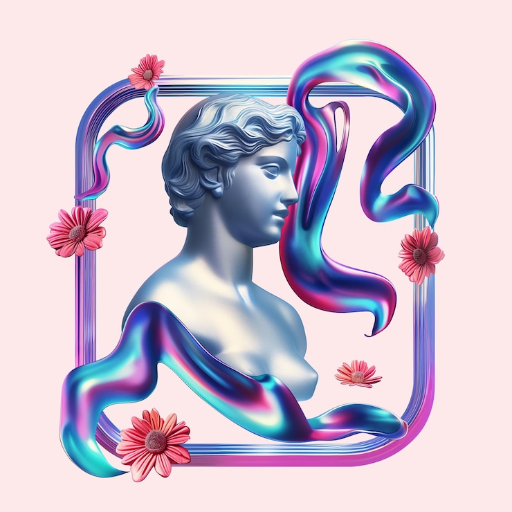 PSD 3d statue with holographic shapes