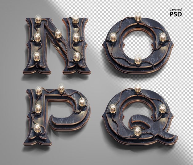 3d steampunk alphabet with tube lamps. Letter N, O, P, Q.