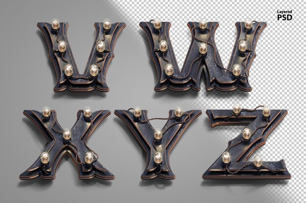 用管灯具PSD 3 d蒸汽朋克字母表。字母v, w, x, y, z。