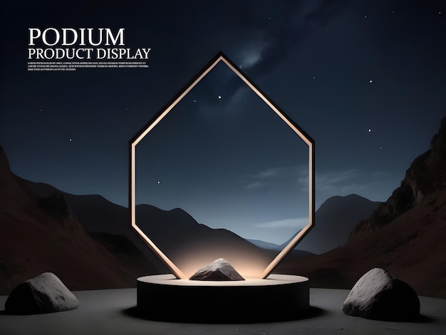 PSD 3d stenen podium display zwarte geometrische op nachtelijke hemel achtergrond minimalistische mockup