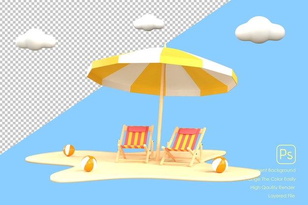 3D Strandparasol met strandstoelen op pastelkleurenachtergrond