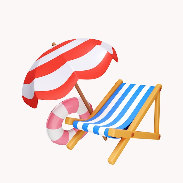 3D strandstoelen en parasols met zwemmen ring zomer vakantie en feestdagen concept pictogram geïsoleerd op witte achtergrond 3D rendering illustratie uitknippad