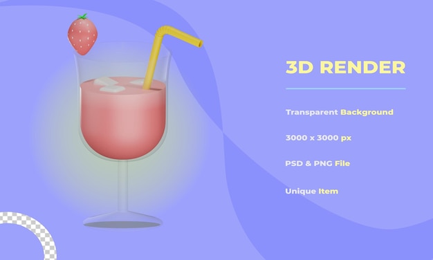 PSD 3d объект клубничного напитка с прозрачным фоном