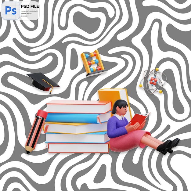 PSD 3d student reading book illustration render icon izolowany png