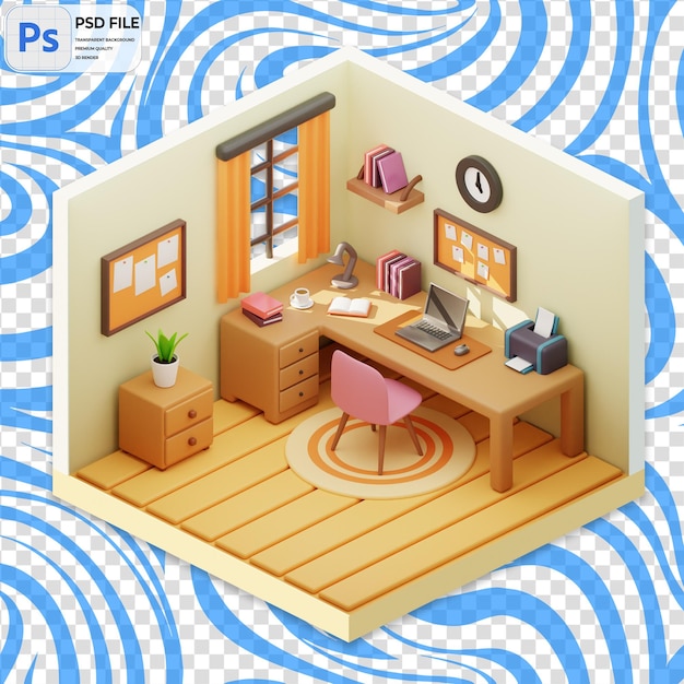 3d study room render illustration icon isolated png