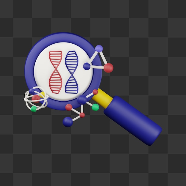 PSD 3d study science dna atom molecule with magnifying glass