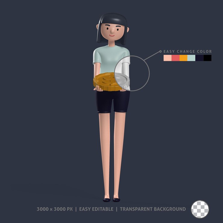 PSD 3d stylish girl bring and give dollar coins wear short pant and blue t shirt