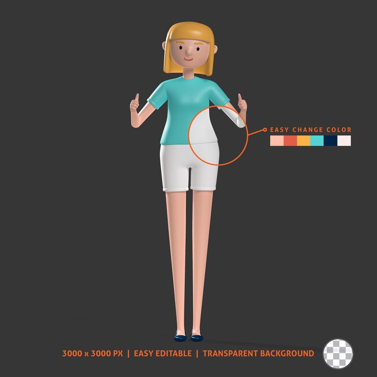 PSD 3d stylish girl give thumbs up wear short pant and blue t shirt