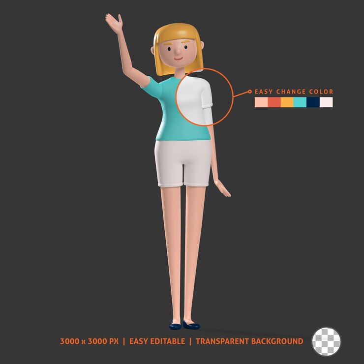PSD 3d stylish girl good bye pose wear short pant and blue t shirt