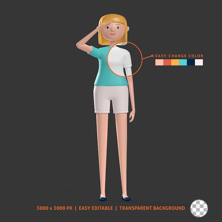 PSD 3d stylish girl looking far away wear short pant and blue t shirt