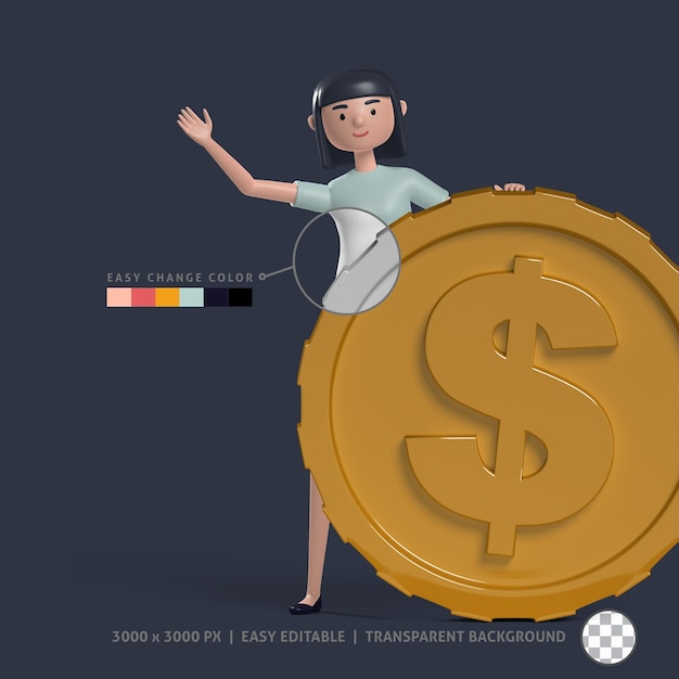 PSD 3d stylish girl peeking from behind a giant dollar coin wear short pant and blue t shirt