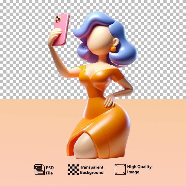 PSD 3d-стилизованная пластиковая фигура без лица женщина в яркой одежде с мобильным телефоном, которая делает селфи