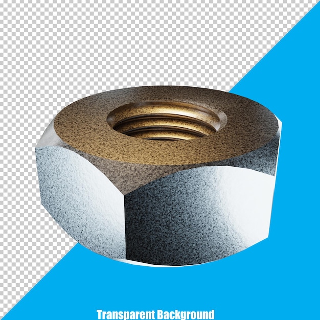 PSD 3d stylized stainless steel hex nut on transparent background