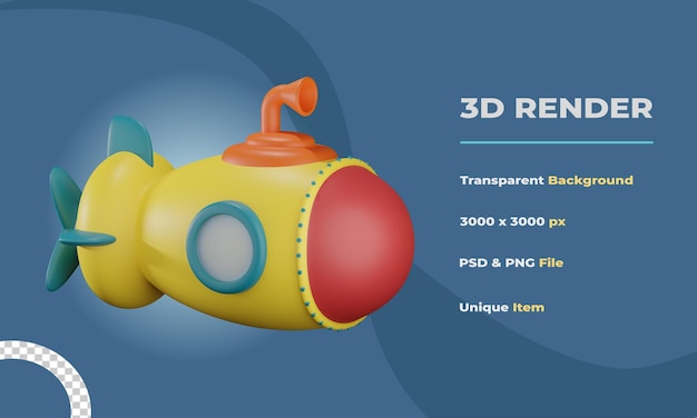 PSD 3d submarine illustration with transparent background