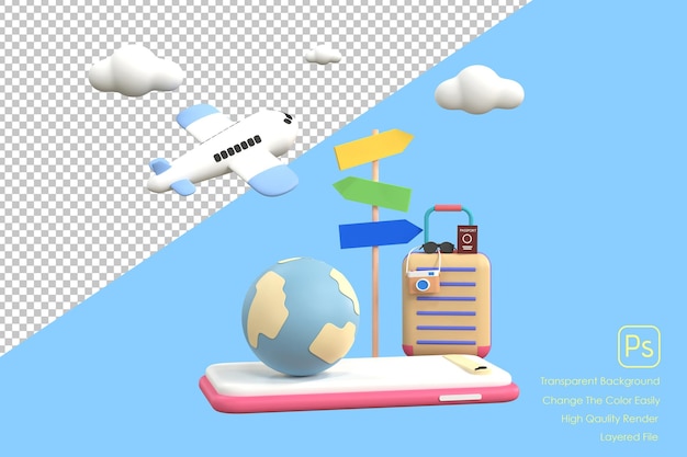 PSD スマートフォン旅行コンセプトの3dスーツケースカメラ