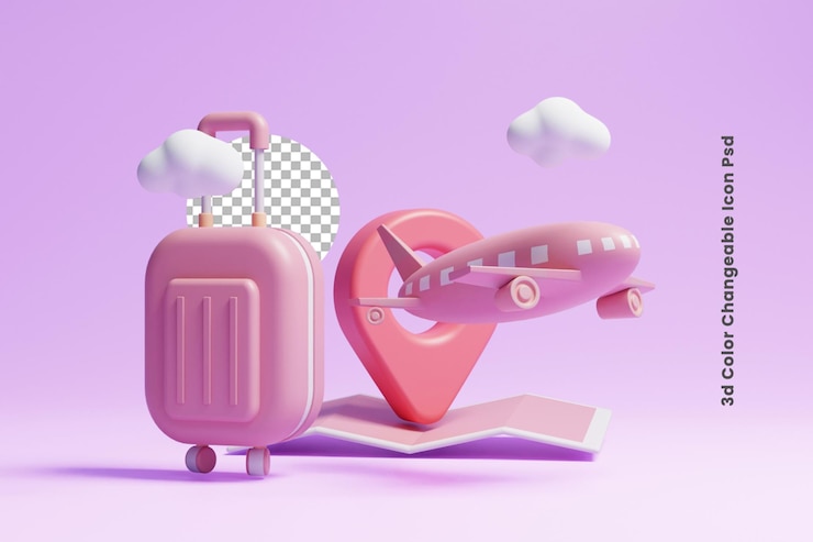 PSD 3d suitcase and travel location point airplane or 3d travel location point and suitcase plan