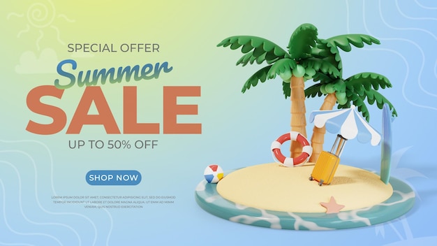 3d summer banner sale with cute island illustration