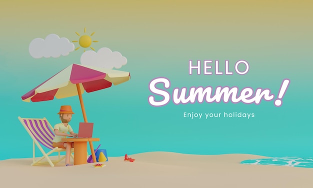 3D summer banner template with beach island work everywhere 3D Render