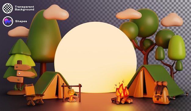3d summer camp at night time with blank white round poster Cartoon render landscape with bonfire tent backpack chair in forest Hiking and travel promo banner tour advertising