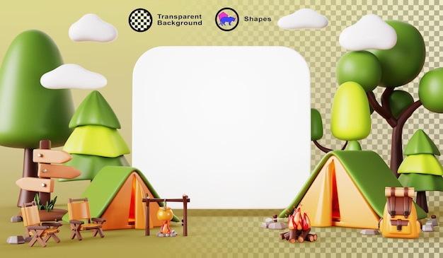 3d summer camp in forest with blank square banner template Cartoon render landscape with campfire tent rucksack chair wood sign White poster for hiking travel tour advertising