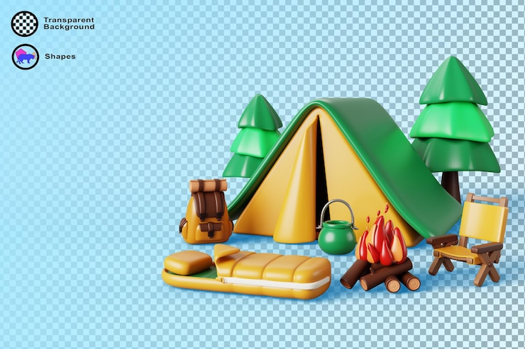 PSD 3d летний лагерь с палаткой спальный мешок рюкзак стул костер и боулинг рендеринг мультфильма пейзаж с лесом и кемпингом оборудование для путешествий пеших прогулок и отдыха